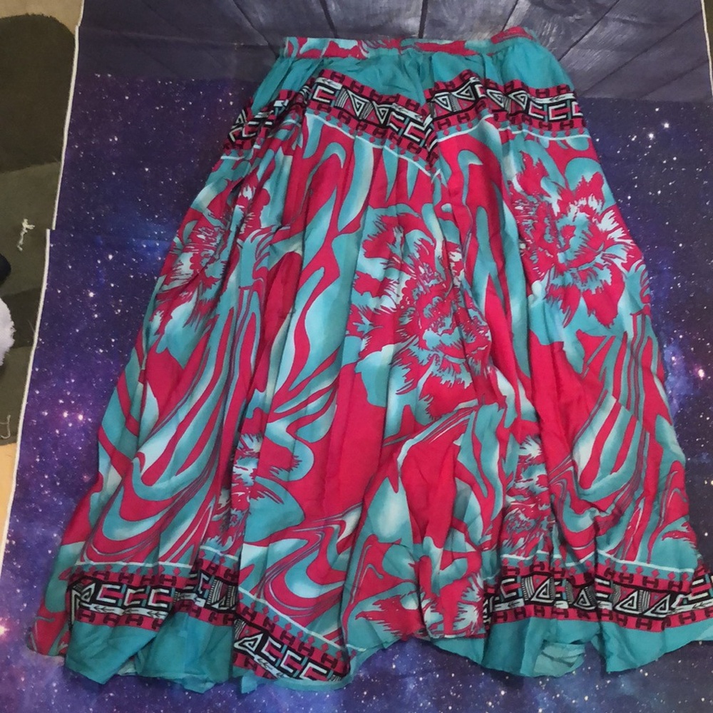 EY Studio Teal & Fuscia Abtract Maxi Flare Skirt Plus 1X New